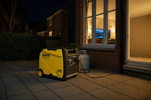 A yellow Champion dual fuel portable generator running on a patio at night, connected by cable to a house with a propane bottle beside it