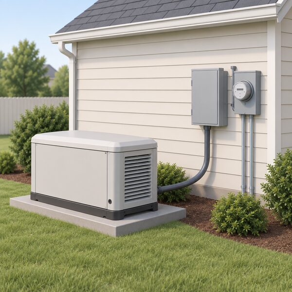 A large standby generator on a concrete pad beside the external wall of a house, with a cable running to a transfer switch mounted on the wall next to the electricity meter, so the whole house can be backed up without back-feeding the network.