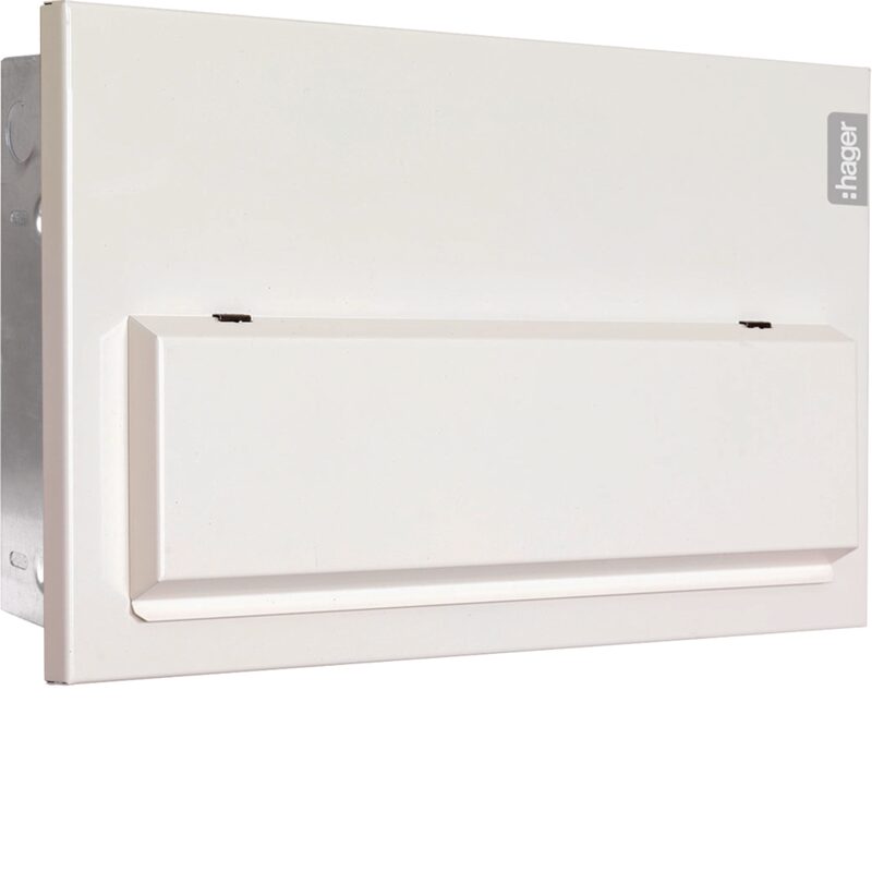 A white Hager 12-way consumer unit (fuse box) shown closed, product photo on white background