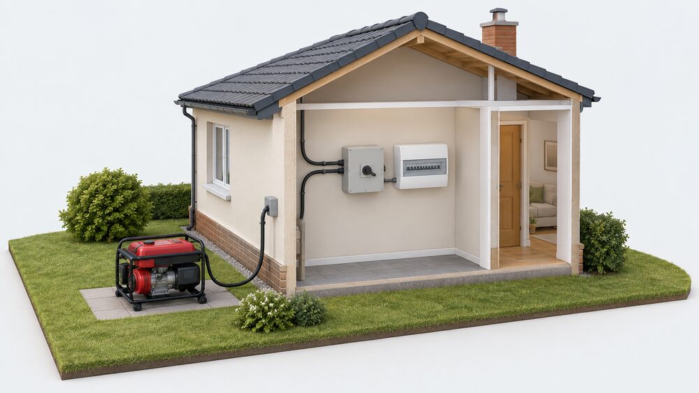 A cutaway house wall showing an enclosed automatic transfer switch mounted beside a consumer unit, with the incoming supply cable entering from outside and a portable petrol generator standing on the ground outside the wall, connected to the switch.