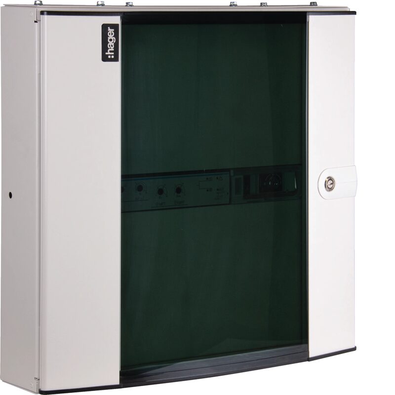 A Hager enclosed automatic transfer switch, a white wall-mounted electrical distribution cabinet with a smoked glass door