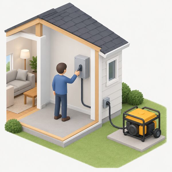A person standing at a wall-mounted manual changeover switch inside a home, hand on the operating handle, switching the supply by hand during a grid failure, with a portable generator connected outside as the backup source.