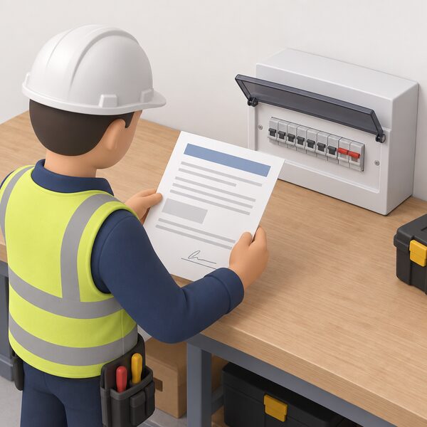 A printed declaration of conformity document lying on a workbench beside a consumer unit, with a simplified electrician figure holding or reading the sheet, its content shown only as blank lines, plain blocks and a signature line with no readable words or numbers.