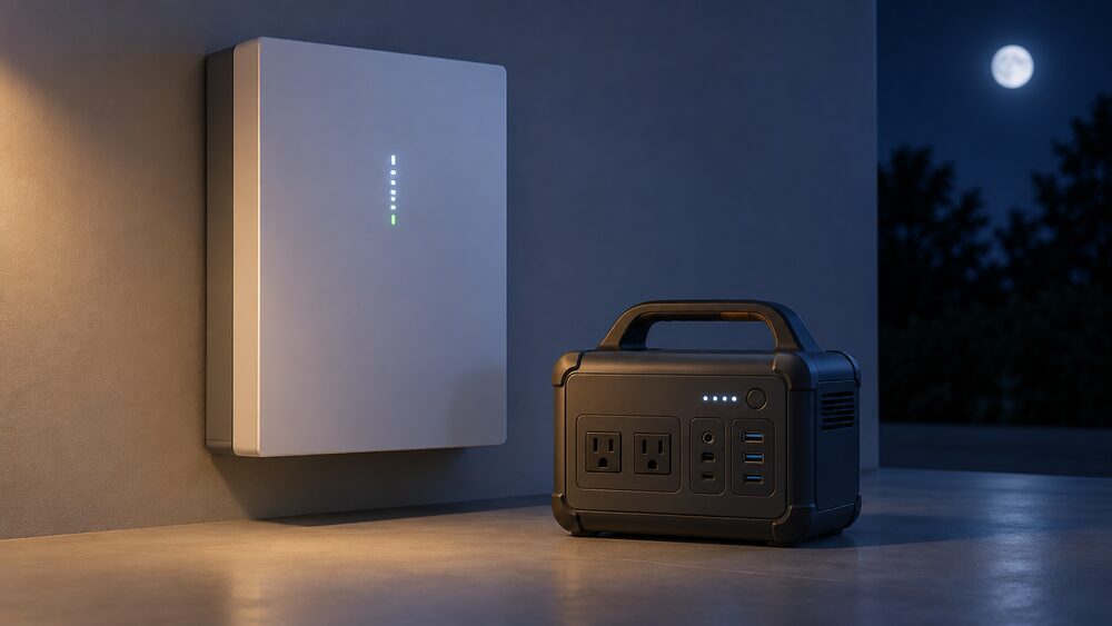 A wall-mounted fixed home battery unit on one side and a portable power station with its AC outlets, USB ports and carry handle standing on a surface beside it, shown close up at night during a power cut with no other equipment.