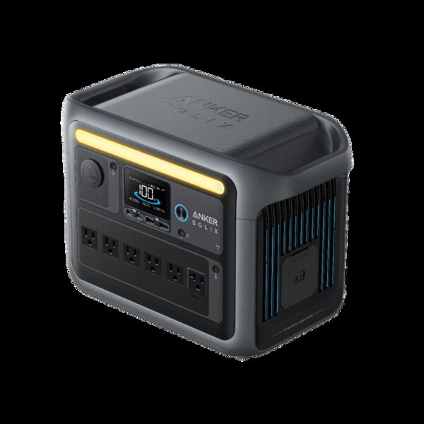 An Anker SOLIX C1000 portable power station with display, AC sockets and USB ports
