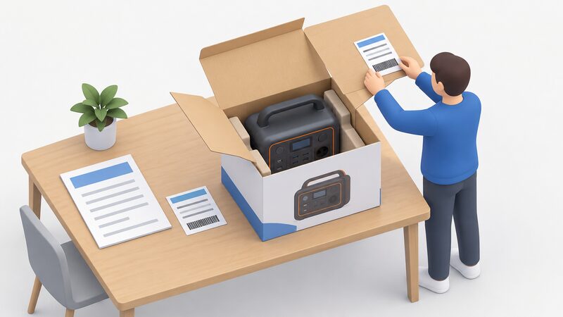 A table scene showing a printed warranty document and a peel-off returns label lying beside an open retail box holding a portable power station, with a small isometric figure placing the returns label on the box lid.