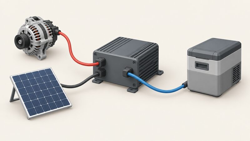 A close-up of a dual-input DC charger unit with two input cables entering it, one from a vehicle alternator side and one from a solar panel side, and a DC output port on the opposite face feeding a cable out to a DC load, with the distinct input and output ports clearly visible.