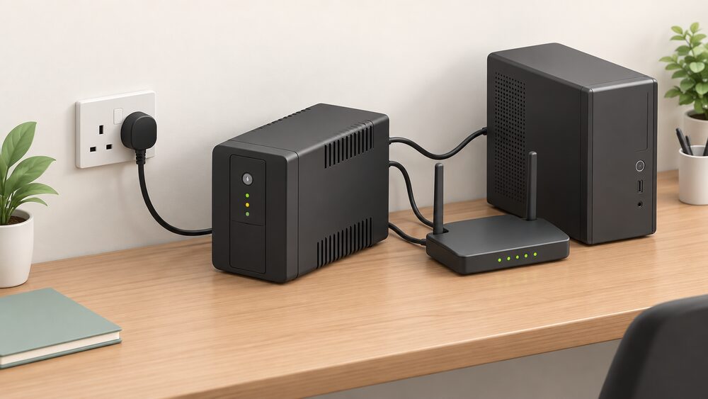 A close-up of a compact home UPS battery box sitting on a desk between a wall mains socket and the equipment it protects, with a broadband router and a small computer tower plugged into its rear outlets and its cables neatly connected.