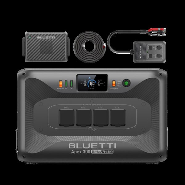 A BLUETTI Apex 300 portable power station shown with its Charger 2 unit, DC Hub and cables laid out on a white background