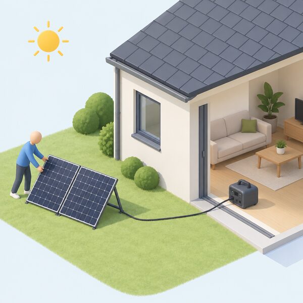 A small ground- or wall-mounted plug-in solar panel array outside a house, with a cable running indoors to a portable power station being charged, shown in daylight with a simplified isometric figure positioning the panel.