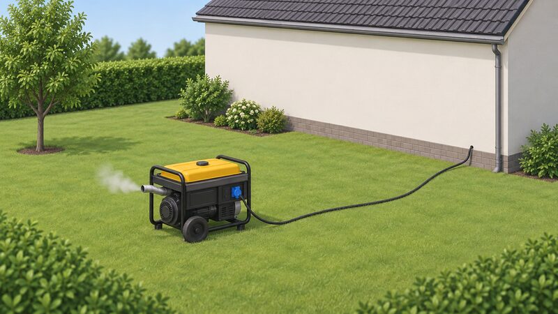 A portable petrol generator standing on a garden lawn some distance from the house, its exhaust pointing away from the building, with one lead running from its socket across the grass towards a windowless stretch of wall, clear of any door or window.
