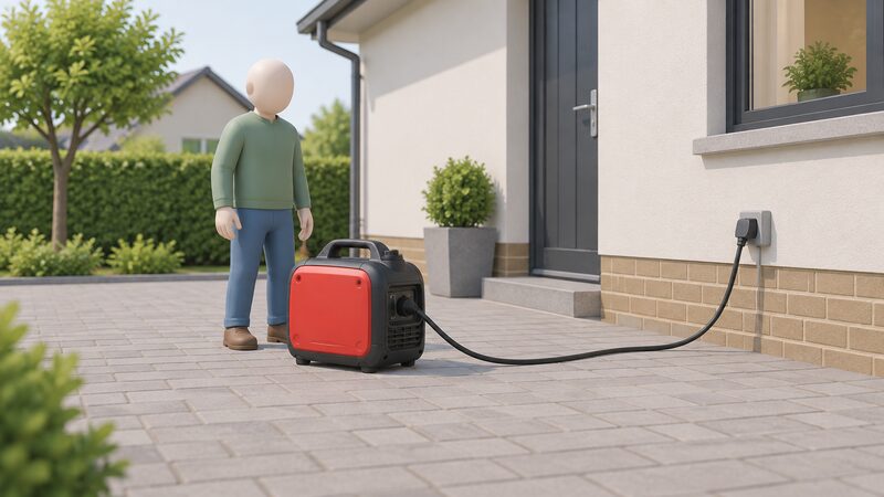 A small red and black portable inverter generator standing on a paved driveway beside a house, with a power lead running from it towards the house wall, one simplified figure nearby having just placed it.