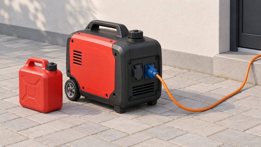 A portable petrol inverter generator standing on a paved area outside a house, its fuel cap visible, a petrol can beside it and an extension lead running from its socket panel toward the house, with nothing else in the scene.