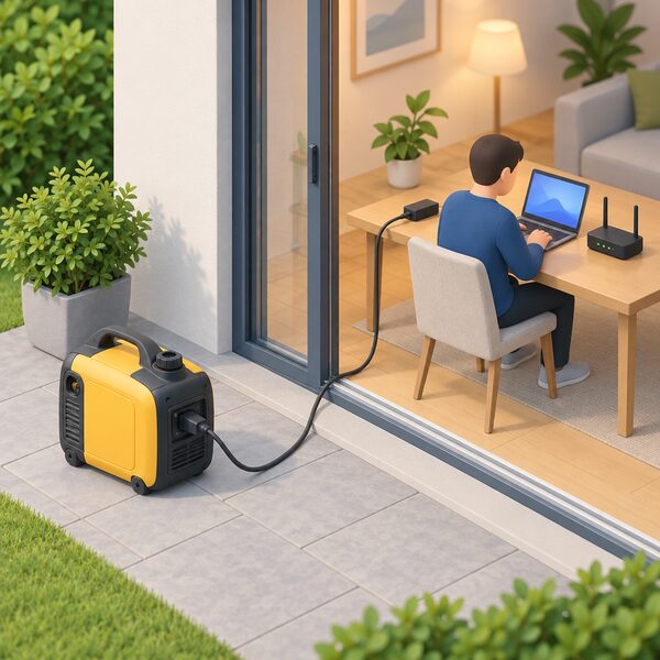 A small portable inverter generator standing outdoors on a patio, with a mains lead running indoors to a laptop charger plugged in beside a laptop and a broadband router on a table, both powered.