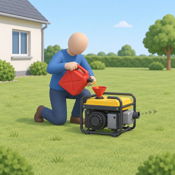 A simplified figure kneels outdoors beside a small portable petrol generator standing on open ground away from the house, pouring petrol from a red jerry can through a funnel into the generator's fuel tank filler, with the exhaust outlet pointing away from the building.