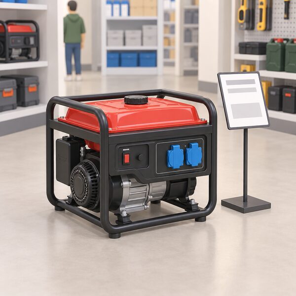 A small portable petrol generator standing on a shop floor with a blank price tag on a stand beside it, drawn as a retail display with no readable figures.