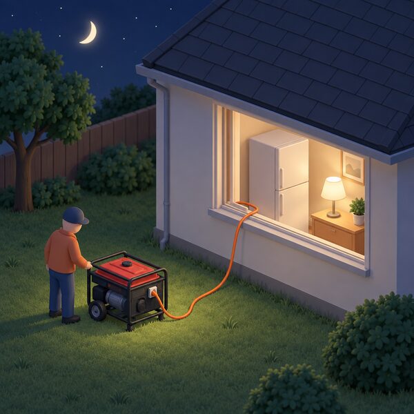 At night in a garden, a small isometric figure stands beside a portable petrol generator running on the ground outside a house, with an extension lead running through a window into a lit room where a fridge and a lamp are working.