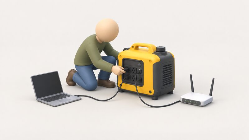 A small suitcase-style inverter generator on the ground with a laptop and a wifi router plugged into its control panel, a simplified figure kneeling beside it connecting the leads.