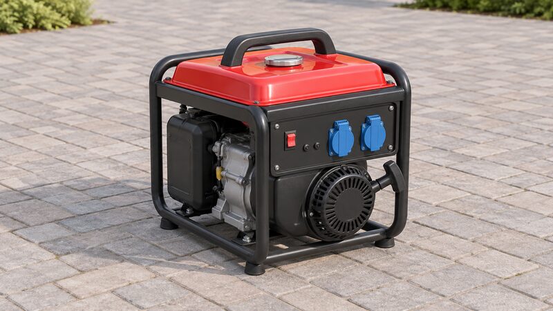 A compact portable petrol generator standing on a paved driveway, shown at a slight angle so its top carry handle and one side's control panel with sockets and pull-start are clearly visible, with no people or buildings in close view.