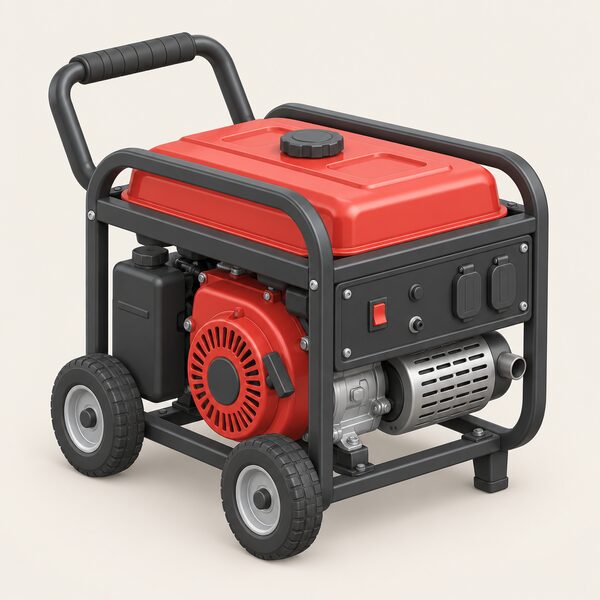A single small portable petrol generator with wheels and a carry handle, its fuel tank, exhaust and control panel clearly drawn, standing alone against a plain neutral background with no other equipment or setting around it.