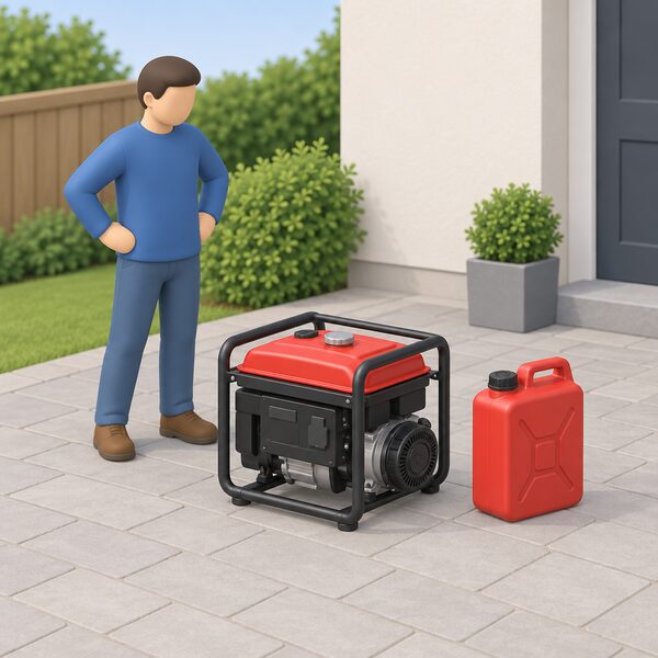 A small portable petrol generator hired for backup power stands outdoors on a paved area beside a closed fuel can, with a simplified figure standing nearby having just set the equipment up for use.