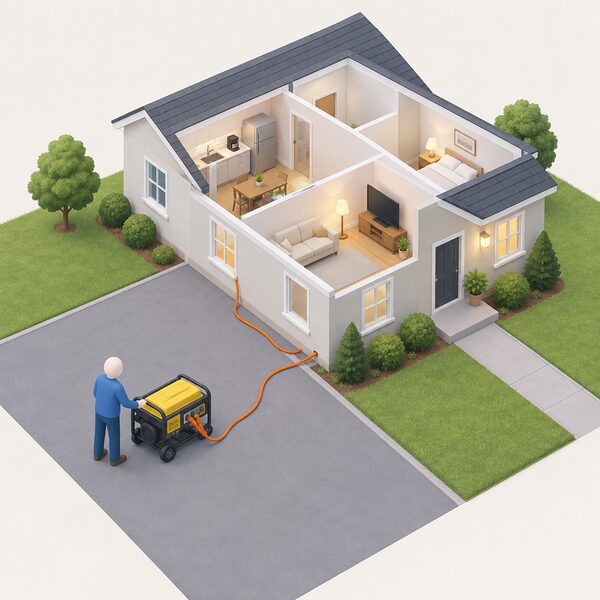 A small portable generator stands on a driveway well away from the house, running outdoors, with a simplified figure nearby and extension leads running from it across the ground toward the house to power selected appliances.