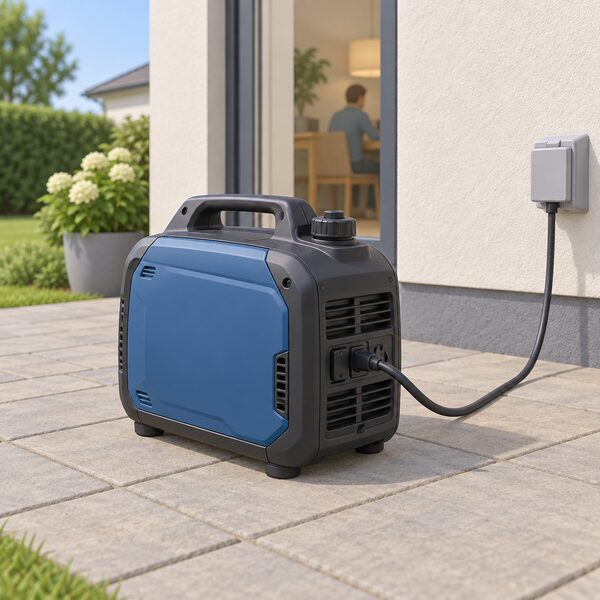 A single portable inverter generator standing on a paved patio outside a house, its compact case, handle and ventilation grille clearly drawn, with a plain power lead running toward the house wall, shown as the kind of set households compare across brands before buying.