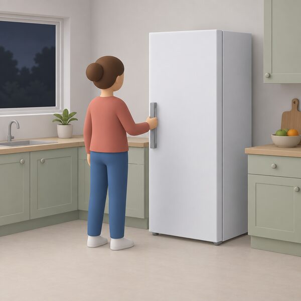 A closed upright freezer standing in a kitchen during a power cut, with a simplified figure resting a hand on the shut door handle to show it being kept closed so the food inside stays cold.