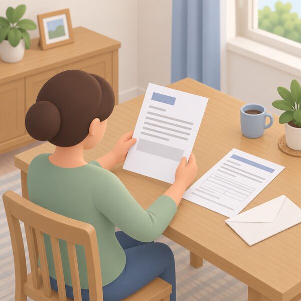 A person at a home table holds a printed letter from the electricity network operator confirming a power cut, with an insurance claim form laid beside it ready to be sent off.