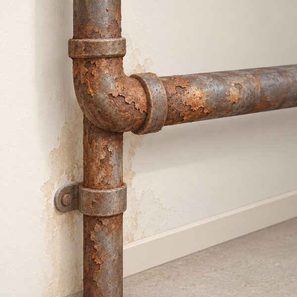 A close-up section of old household water pipework with flaking rusted surfaces and pitted patches, shown in its setting against a wall, illustrating gradual corrosion that is wear rather than a power cut loss.