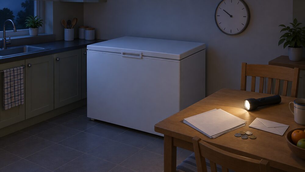 A closed chest freezer standing in a dim kitchen beside a kitchen table holding blank claim paperwork, a plain envelope, a torch and a few coins, with a wall clock above showing the outage dragging on.