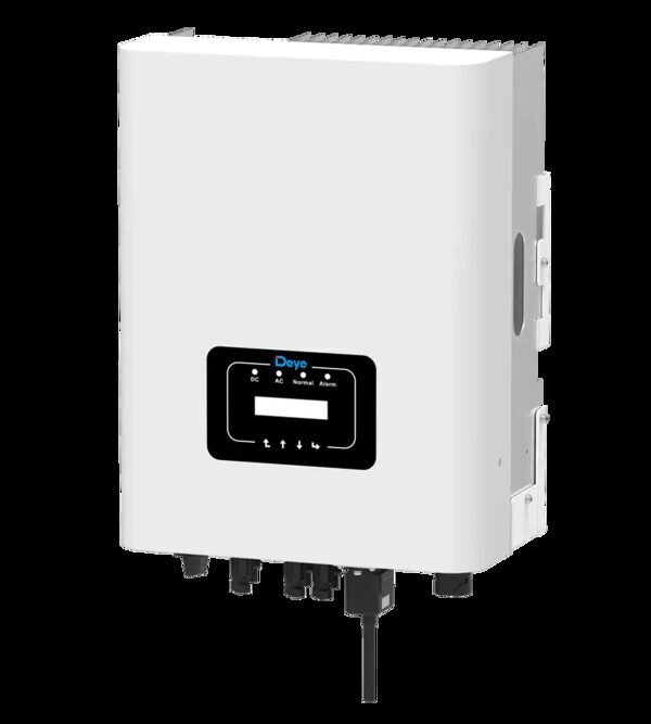 A white Deye wall-mounted solar string inverter with a display panel and connection cables