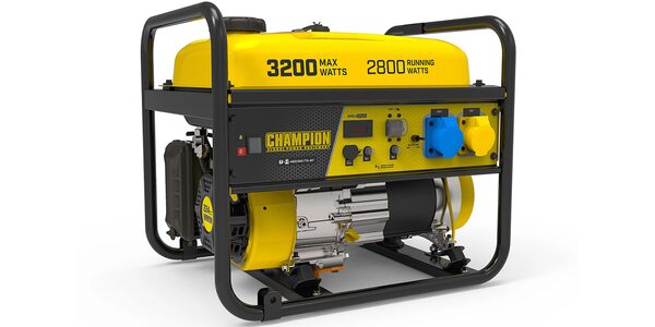 A yellow and black Champion portable petrol generator with 3200 max watts and 2800 running watts on a white background