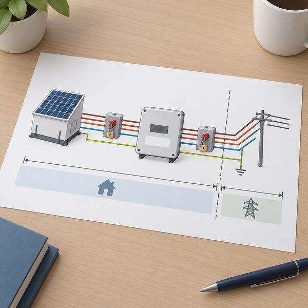 A printed schematic drawing lying on a table, showing a small generator block connected through an inverter block with a blank rating band, conductor lines for live phases, neutral and earth, lockable isolator symbols, and a dashed boundary separating the network's equipment side from the customer's side.