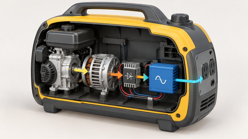 A cutaway of a portable inverter generator showing the engine driving an alternator, with the electrical path flowing through a rectifier block and an inverter block before reaching the output sockets on the unit's panel.