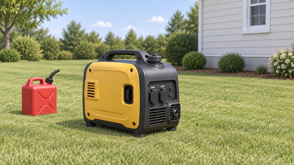 A portable inverter generator standing outdoors on open ground, well away from the house wall behind it, with its sockets, fuel cap and exhaust visible and a petrol can placed a short distance away.