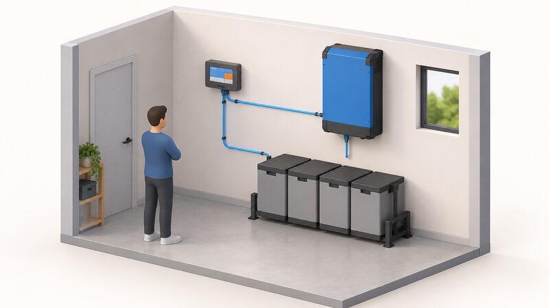 A small wall-mounted GX monitoring device with communication cables running to a Victron-style inverter and to a managed battery bank, shown as a simple isometric interior scene with the wiring links clearly visible.