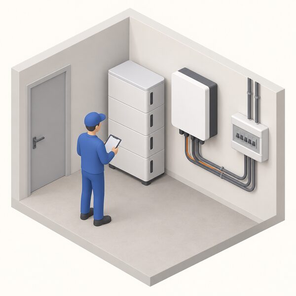 A wall-mounted battery inverter indoors beside a stacked home battery bank, with a simplified isometric figure checking the installation in a utility space where household circuits connect to the inverter.