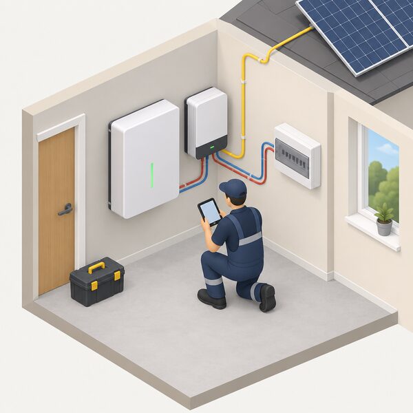 An installer kneeling indoors beside a wall-mounted household battery storage unit and its inverter, commissioning the system with a handheld device while the equipment connects to the home's existing solar PV and consumer unit.