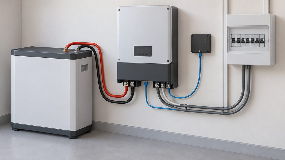 A close-up of a wall-mounted battery backup inverter unit beside a home battery, with the battery connection made at screw terminals and a small GX communication device linked by cable, all in a utility space.