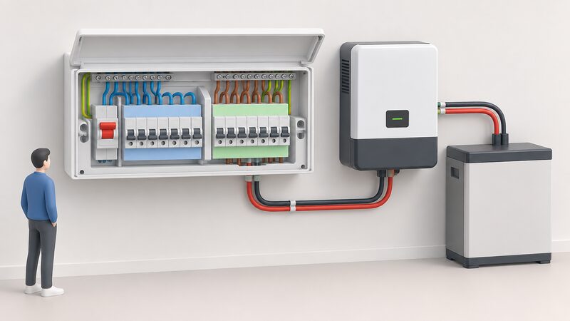 A cutaway view of a UK consumer unit in which a labelled-style divider separates a group of backup-protected ways, shown with plain colour bands, from the remaining ways, with a cable running from the backup group to an inverter-charger and battery at the side.