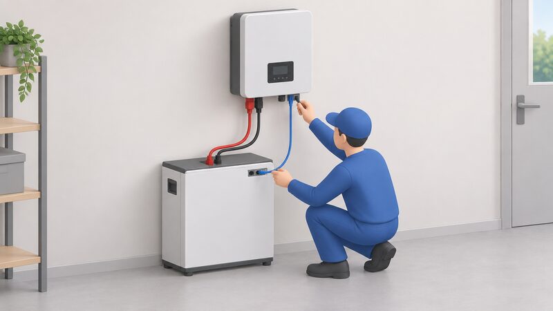 A simplified isometric installer figure crouches beside a wall-mounted hybrid inverter and a low-voltage lithium battery, plugging a thin network cable from the battery's management system port into the matching communication port on the inverter, with the DC cables already connected between the two units.