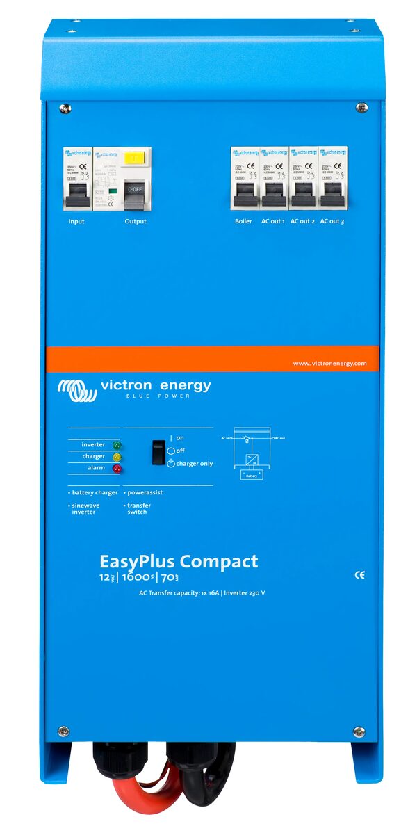 A blue Victron Energy EasyPlus Compact inverter/charger unit with input and output breakers, shown front-on against a white background