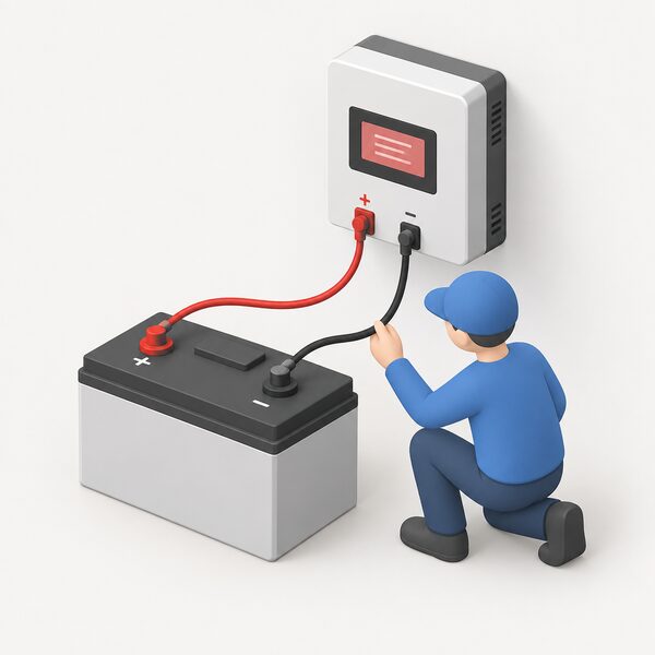 A simplified isometric figure kneels beside a battery, checking that the positive and negative cables run from the battery terminals to the matching marked terminals on the energy storage inverter, with the inverter screen showing a plain fault-code block.