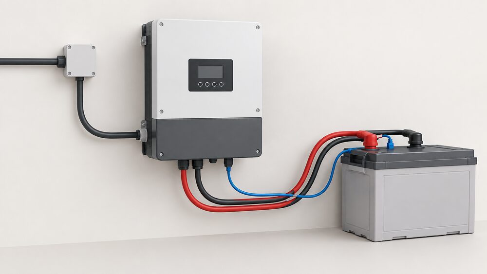 A close-up of a wall-mounted inverter-charger unit with its cover intact, connected by thick cables to a battery beside it and a network cable running between them, with a mains input cable entering from one side.