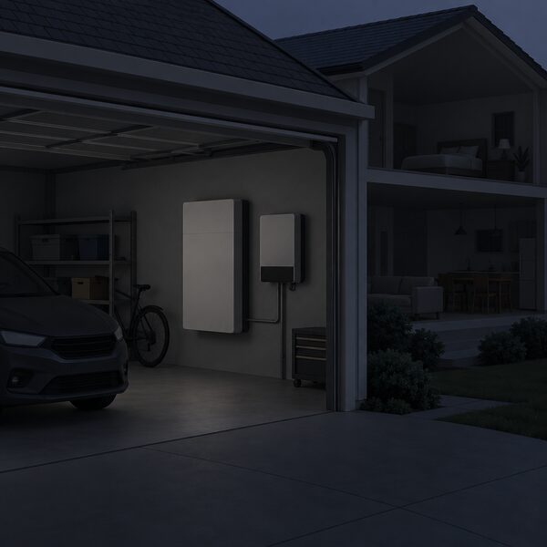 A dark garage during a blackout with a fully charged wall-mounted home battery standing idle and unlit, its hybrid inverter beside it shut down, while the house beyond sits without power.