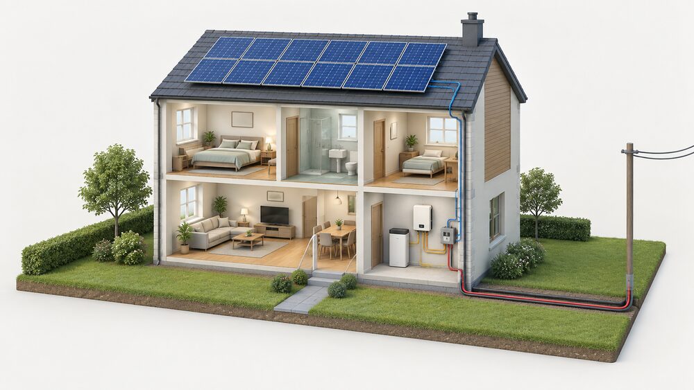 A cutaway house with solar panels on the roof, a battery and an inverter with a backup interface on a utility room wall indoors, and the mains supply cable entering from the street, showing the changeover device sitting between the incoming mains and the house circuits it can keep running.