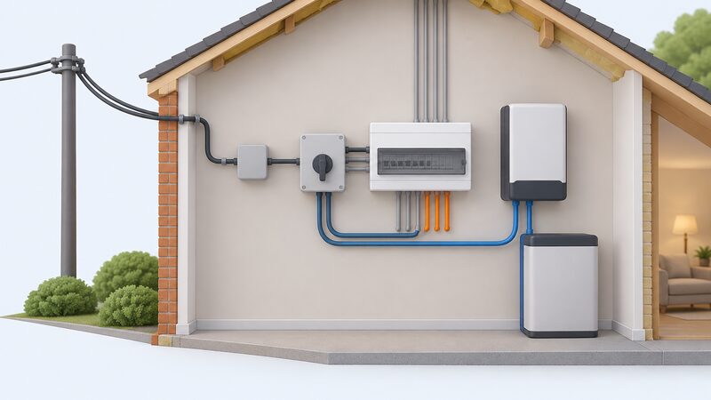 A cutaway wall view of a home showing a consumer unit with a changeover device mounted beside it, the mains incoming supply cable on one side and a battery-inverter backup supply on the other, with the changeover device's switching position separating the two so only selected circuits remain connected.
