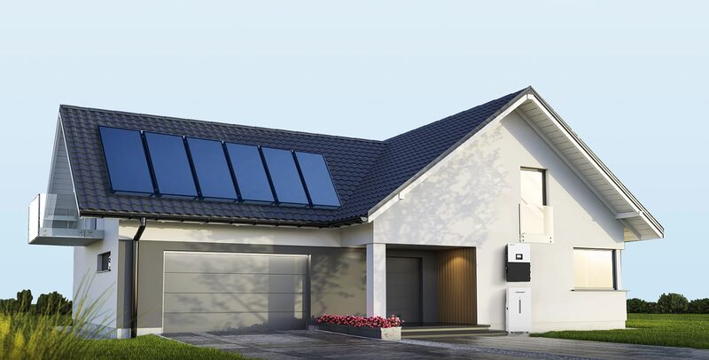 A rendered modern house with rooftop solar panels and a LuxpowerTek hybrid inverter and battery unit mounted on the exterior wall