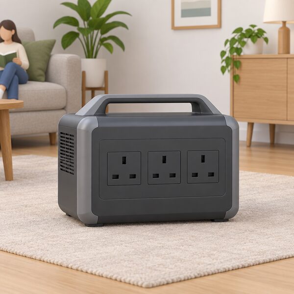 A plain rectangular portable power station standing on the floor of a simply furnished indoor room, drawn at a slight angle so its front panel is clearly visible, with three UK-style three-pin AC outlets arranged in a row on that front panel and nothing plugged into them.